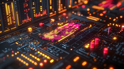 Vibrant digital circuit board with data visualization displays