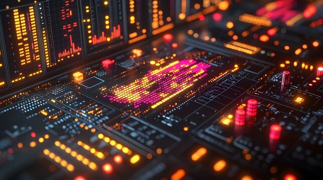 Vibrant digital circuit board with data visualization displays