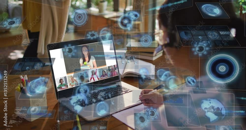 Aufkleber virtual meeting on laptop with digital data processing animation overlay