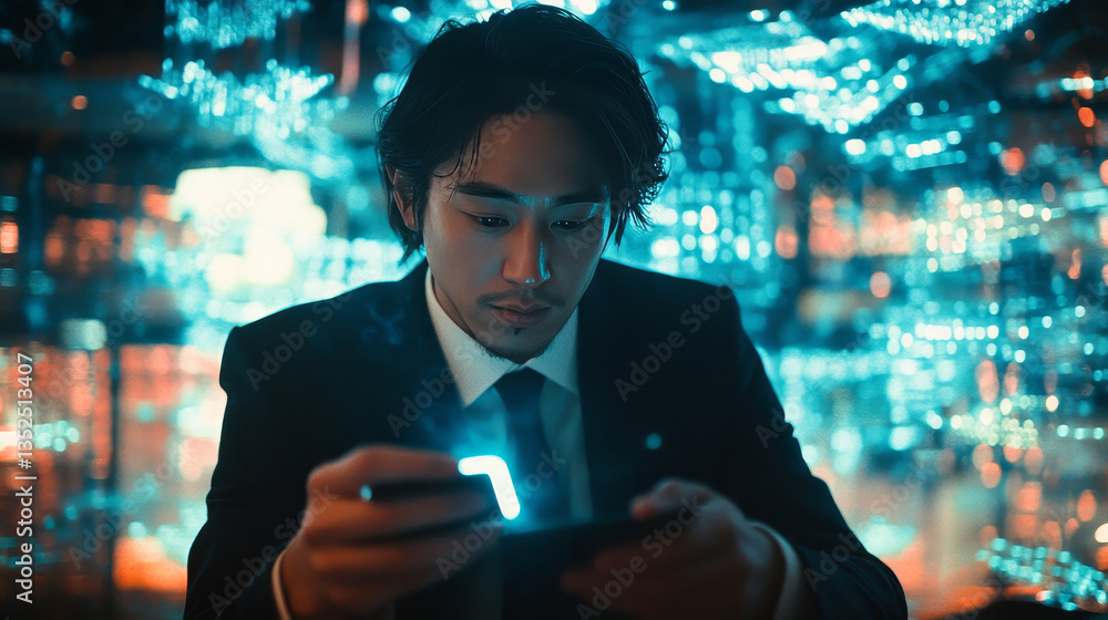 Poster businessman using smartphone and interacting with glowing digital cloud network, representing cloud 