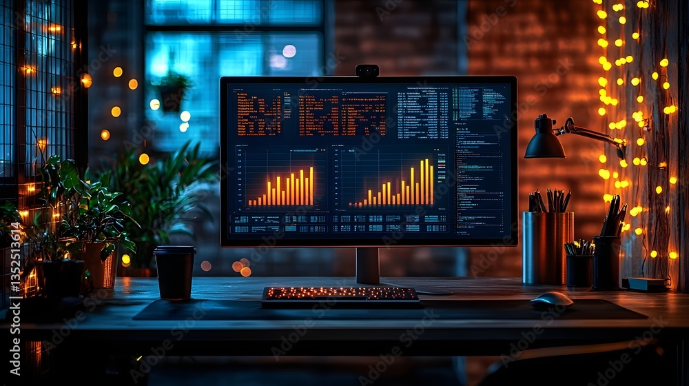 Poster futuristic workspace with ai powered analytics and financial predictions