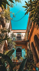 Fototapeta premium Orange building framing bright turquoise sky
