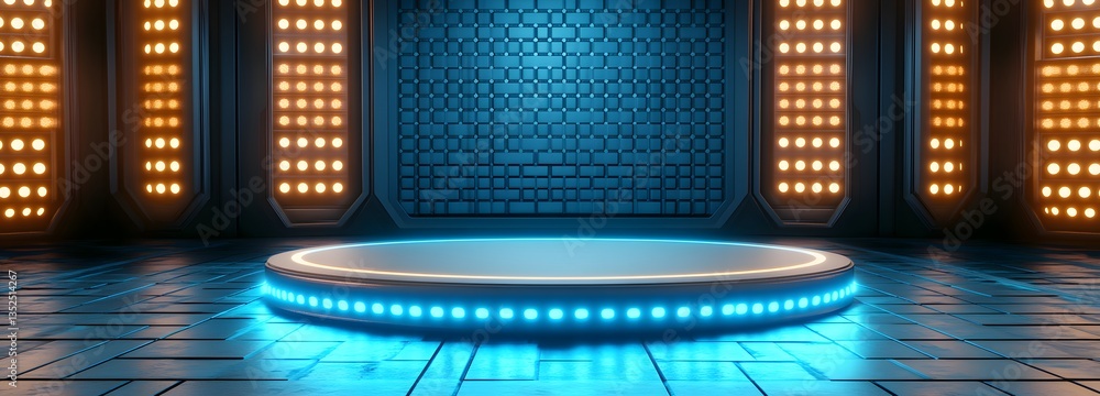Wall mural a floating futuristic podium with soft, pulsing led lights, hovering in a sci-fi space station