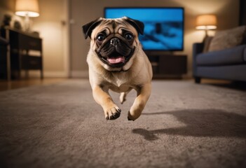 Obraz premium pug dog running inside cozy interiors of elegant living room in apartment, doggy playing at home, funny per runs and plays, funny per in house