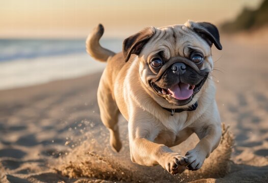 pug dog running on the sand of a beach, funny doggy playing outdoors on the shores near the ocean, per on the nature with the sea