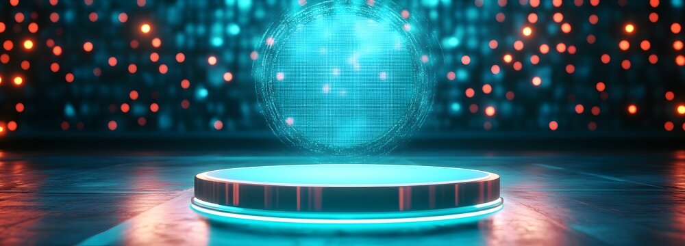 A holographic, shimmering podium with a prism effect, placed in a futuristic virtual reality environment