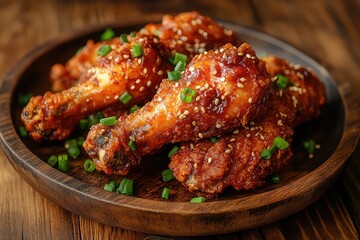 Fototapeta premium crispy Korean fried chicken coated in a glossy gochujang sauce garnished