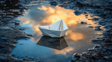 Paper boat floating in a puddle urban environment photography evening light reflection new standard