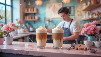 Barista Preparing Delicious Layered Coffee Beverages in Cozy Caf&eacute; Setting with Flowers and Decor