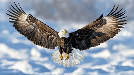 Fototapeta premium Majestic bald eagle in flight over snowy landscape. (2)