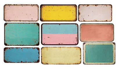 set of blank grunge colorful vintage metal boards with copy space for text isolated on white background