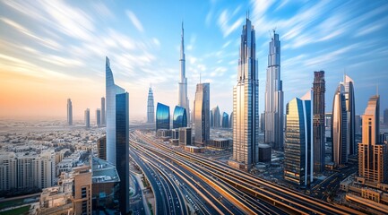 A fashionable urban cityscape featuring dynamic motion blur of cars and the sky, conveying the fast-paced, modern energy of metropolitan life. The sleek movement of vehicles combined with the stylish 