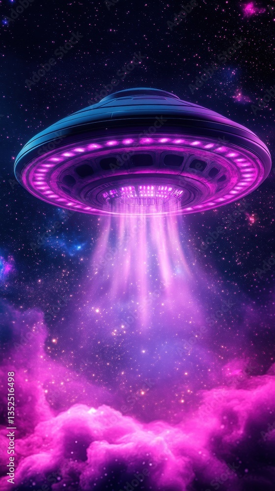 Wall mural a futuristic spaceship hovering in outer space filled with vibrant colors