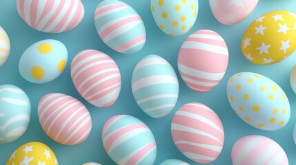 A collection of colorful Easter eggs with various patterns like stripes, dots, and stars on a light blue background, evoking a festive and cheerful mood, perfect for Easter - themed projects and decor