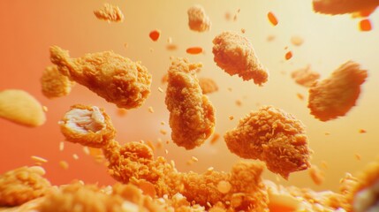 Crispy Fried Chicken Nuggets Falling on Orange Background