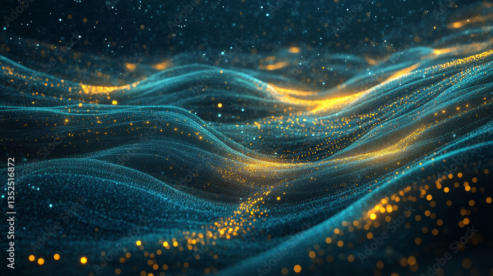 Poster abstract digital technology concept with a wave pattern of glowing dots against a deep blue backgrou