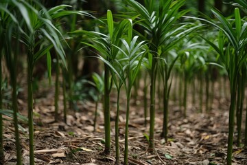 Palm saplings thrive in a tropical nursery. Sunlight filters through the trees. Earthy background
