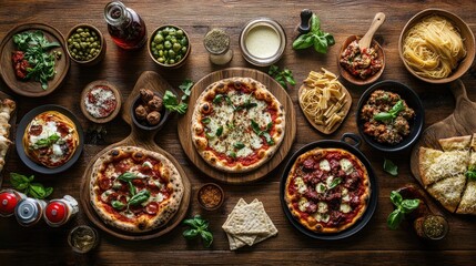 A rustic wooden table set with different styles of pizza, pasta, and appetizers.