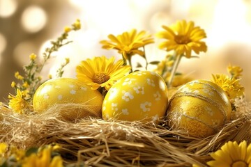 Yellow Easter eggs nestled in a straw nest surrounded by bright yellow flowers, bringing a warm and natural feel to Easter - inspired art and decor.