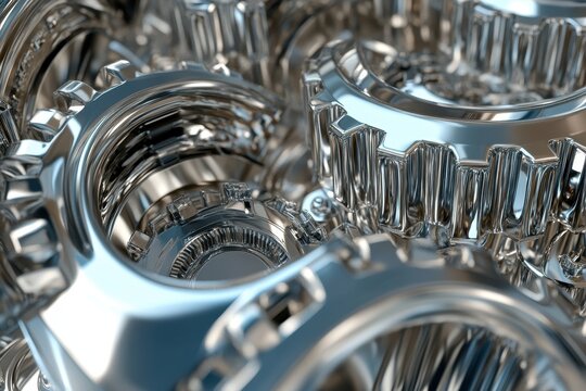 Shiny silver gears in a complex mechanical interconnected arrangement
