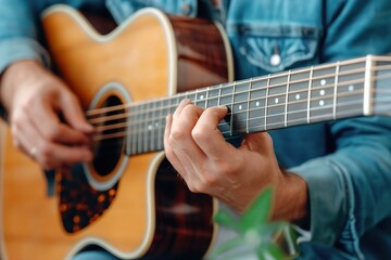Fototapeta premium A close-up of a man's hands playing an acoustic guitar, showcasing artistry and passion for music. Emotions Through Music