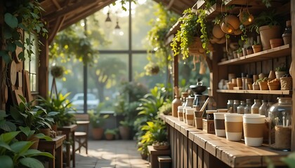 Cozy Greenhouse Cafe with Fresh Plants and Coffee Cups in a Sunlit Atmosphere