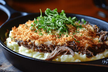 Golden Parmentier de Confit de Canard with crispy topping, mashed potatoes, and tender duck confit in a skillet