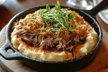 Golden Parmentier de Confit de Canard with crispy topping, mashed potatoes, and tender duck confit in a skillet