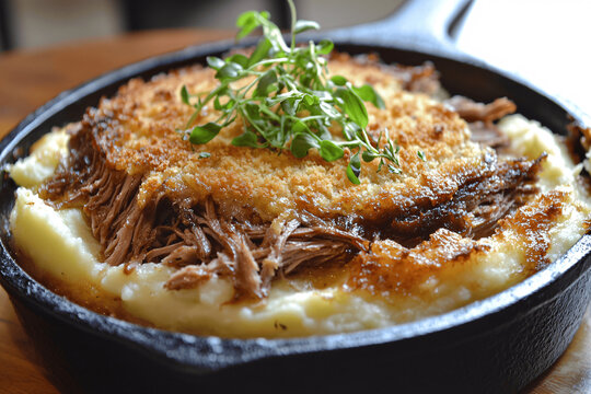 Golden Parmentier de Confit de Canard with crispy topping, mashed potatoes, and tender duck confit in a skillet