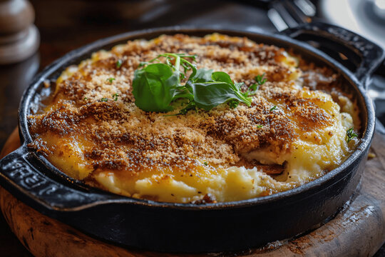 Golden Parmentier de Confit de Canard with crispy topping, mashed potatoes, and tender duck confit in a skillet
