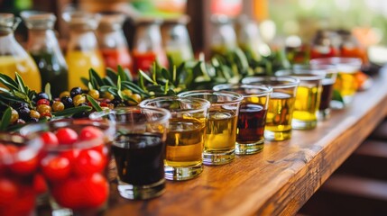 Assorted Olive Oils and Fresh Ingredients on Wooden Table Display