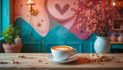 Fototapeta premium Cozy Cafe Scene with Heart Latte Art and Pink Floral Decor in Bright and Colorful Interior Setting