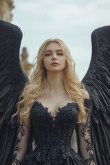 A striking image of a woman with long blonde hair and black wings, dressed in an elegant black gown, exuding a mysterious and ethereal aura.
