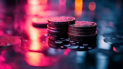 Stacks of coins in wet surface under vibrant colorful light.  Possible use Stock photo