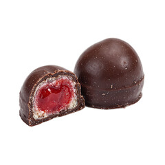 Indulge in a luscious dark chocolate covered cherry candy cut open to reveal its succulent filling Perfect for sweet cravings