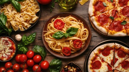 A spread of Italian cuisine featuring pasta, pizza, and fresh ingredients like tomatoes and basil.