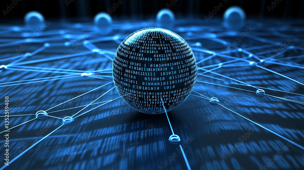 Poster big data technology concept. there is a prominent spherical interconnected polygon in the center wit