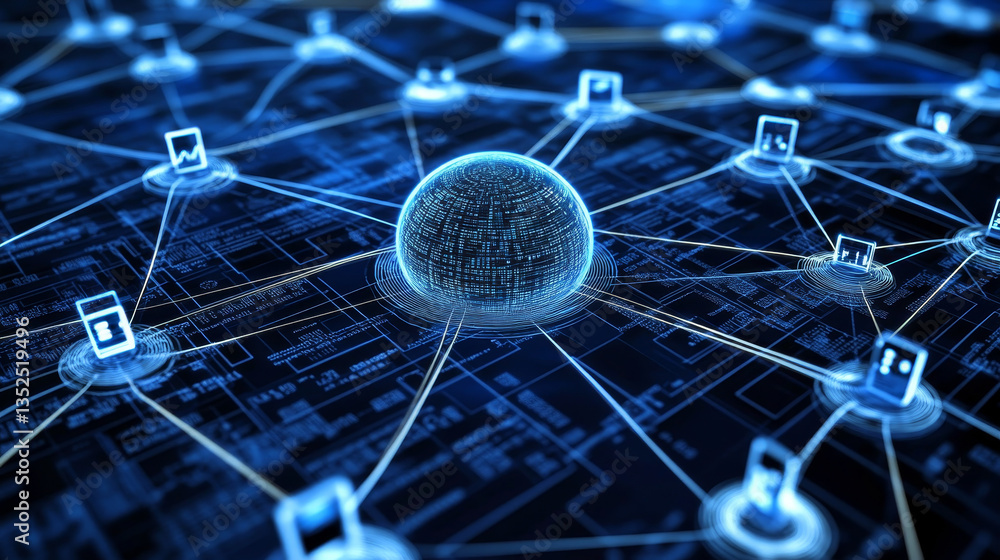 Poster big data technology concept. there is a prominent spherical interconnected polygon in the center wit