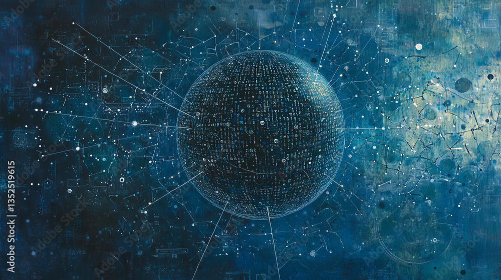 Poster big data technology concept. there is a prominent spherical interconnected polygon in the center wit
