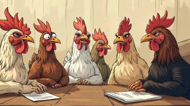  Group of cartoon roosters sitting around a table in a meeting