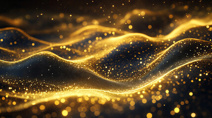 Gold color digital particles wave flow Or diffuse by the wind of the sand. Abstract technology background concept