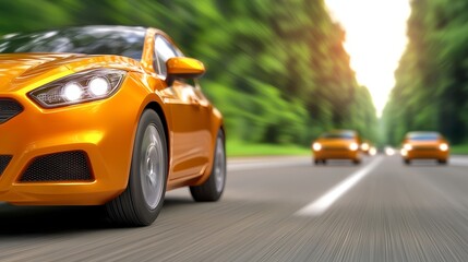 Orange Car Driving on a Sunny Highway through Lush Green Trees