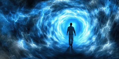 A person walks into a vibrant blue swirling energy tunnel