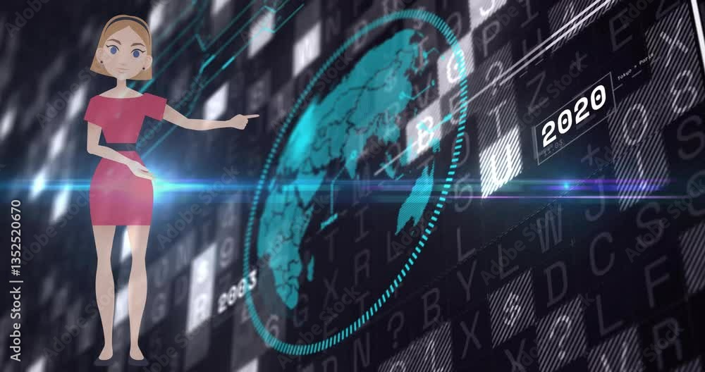Poster animation of character pointing at digital globe with numbers and 2019 text