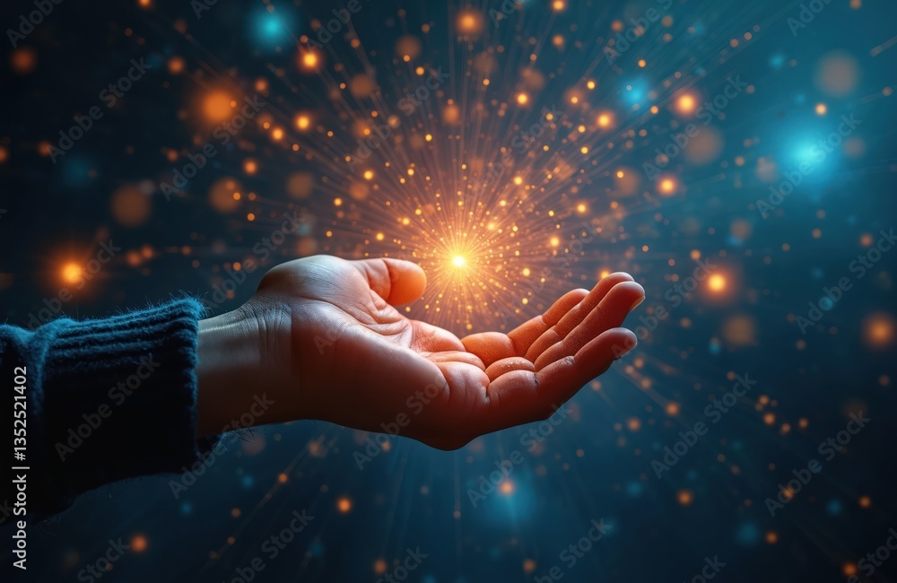 Poster hand reaches out towards digital network glowing particles in dark space. tech and connectivity. fut