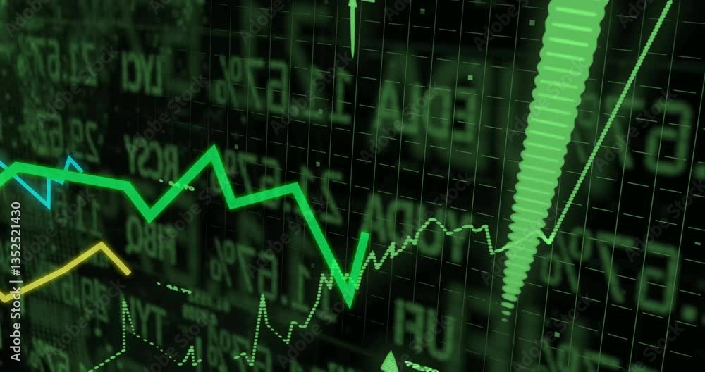 Poster animation of green financial graph showing upward trend with numbers in background