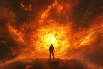 Fototapeta premium Astronaut standing before a bright fiery celestial explosion