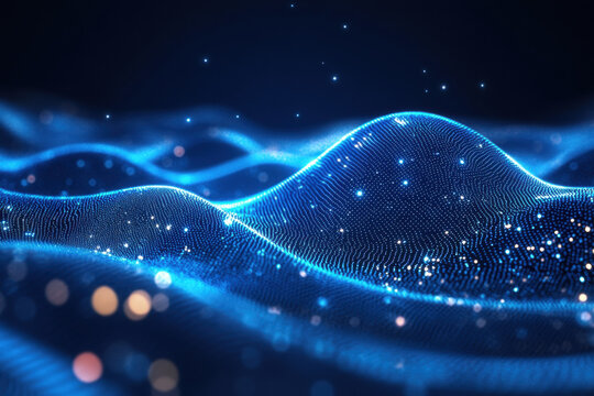 Abstract blue waves with dots and lines, resembling a digital ocean, creating a mesmerizing and futuristic pattern.