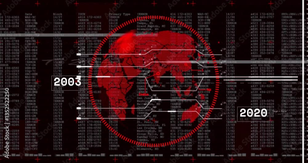 Poster digital world map with data processing animation over red and black background