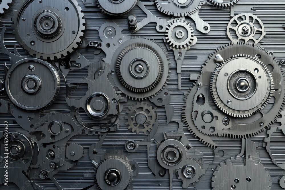 Poster complex mechanical gears and components arranged in a metallic surface
